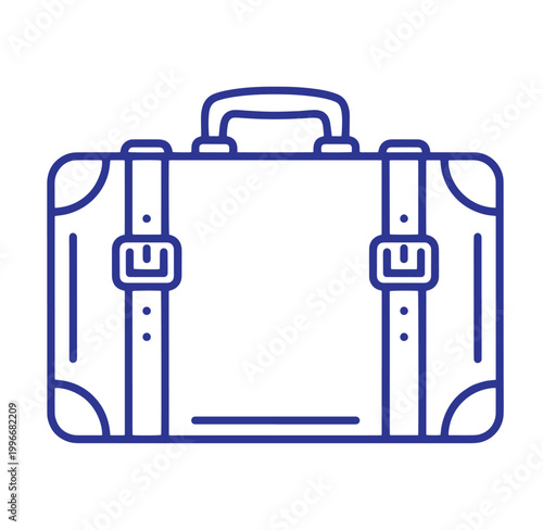 Simple blue outline of a classic briefcase with handle and buckles