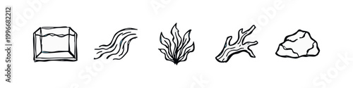 Aquarium Decor and Aquatic Nature Sketchy Icons Set for Fish Tank Design