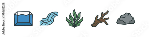 Colored Aquarium Nature and Decoration Icons Set in Doodle Style