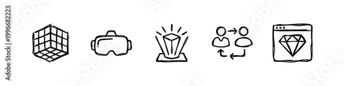 Metaverse and Virtual Reality Technology Icons in Sketchy Doodle Style