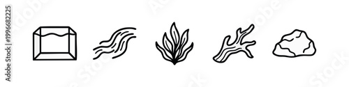 Aquarium and Freshwater Nature Line Icons Set for Aquascaping Design