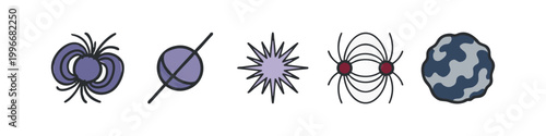 Cosmic Physics and Astronomy Colored Icons Set in Hand Drawn Style