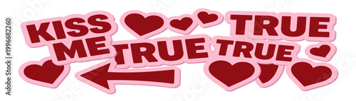 Love text sticker set, Valentine day cute flat typography illustration, pink romantic print. Sweet holiday creative icon, heart, arrow, kiss me true message. Bachelorette party love lettering.