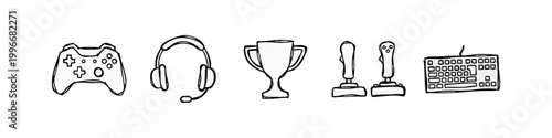 Hand drawn video game and e-sports doodle icon set