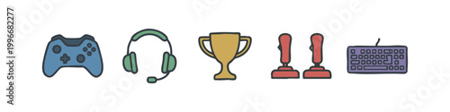 Colorful video games and gaming gear flat icon set