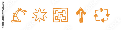 Orange hand drawn technology and strategy doodle icons