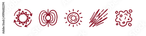 Dark red hand drawn energy and cosmos doodle icon set
