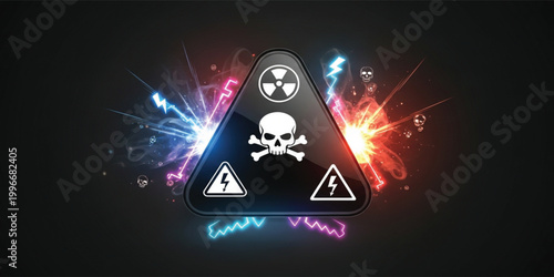 Dangerous Warning Sign with Skull Radiation Electric Hazard Symbols Neon Explosion Background Safety Vector Illustration