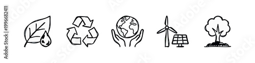Ecology and Renewable Energy Hand Drawn Icon Sketches