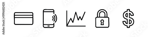 Business Finance and Secure Payment Minimalist Line Icon Set