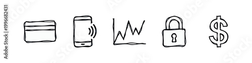 Financial Security and Digital Banking Hand Drawn Doodle Icons