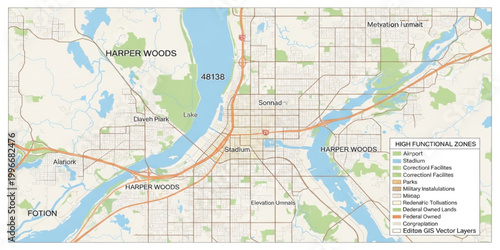 Detailed City GIS Map with Roads Waterways District Boundaries Functional Zones and Urban Planning Cartography Layout for Geographic Analysis Design
