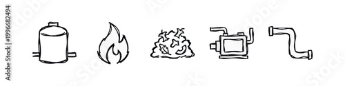 Bioenergy and Industrial Heating Hand Drawn Doodle Icons