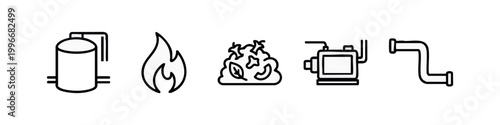 Industrial icons: tank, flame, waste, pump, pipe
