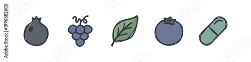 Color sketch icons for health and wellness, featuring fruits and a capsule