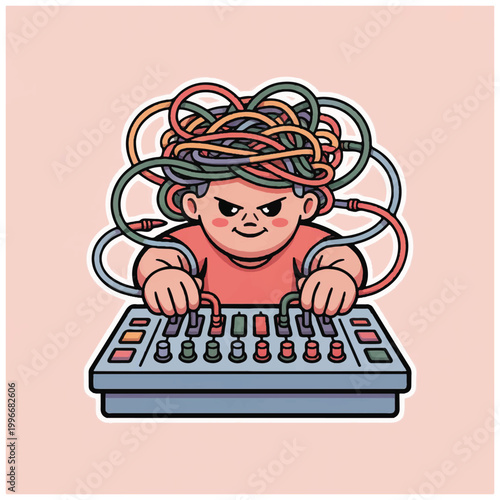 Creative Cartoon Character Manipulating Wires and Audio Mixer.