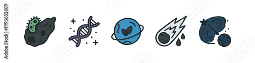 Set of five hand-drawn icons representing science and space themes