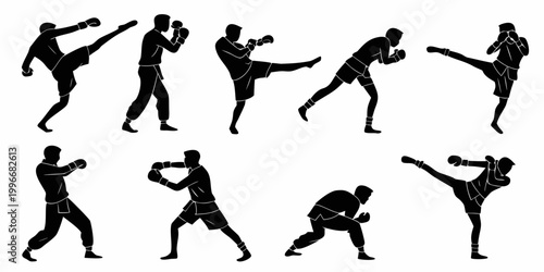Tableau sur toile Set of black silhouettes showing male athletes in kickboxing and boxing stances