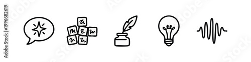 Minimalist line art icons for ideas, communication, and writing