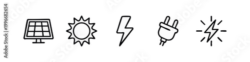 Minimalist outline icons for energy sources in black and white