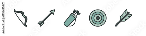 Colored sketch icons for archery, featuring bow, arrows, quiver, and target