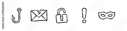 Cybersecurity icons: hook, envelope, unlocked padlock, exclamation, mask