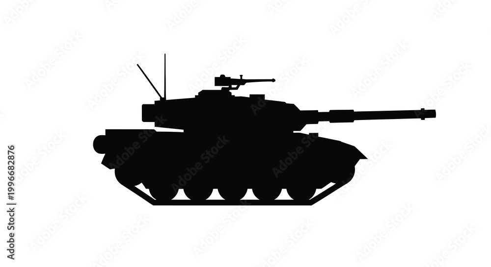 Fototapeta premium A black silhouette of a modern battle tank side view against a white background silhouette