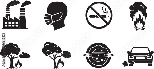 Air pollution and quality icon set. Glyph black silhouettes - factory emission, mask, no smoking, wildfire, ozone, exhaust car.