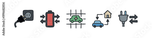 Color Doodle Icons: Electric Car Charging, House, Plug, Battery