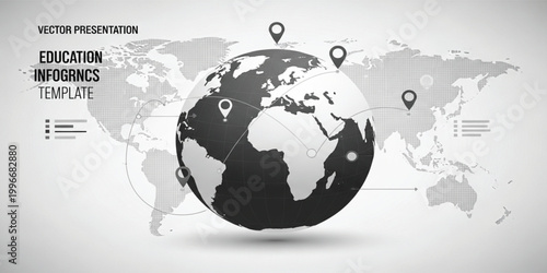 Global Education Infographic Template with World Map Globe Location Pins and Data Presentation Vector Design