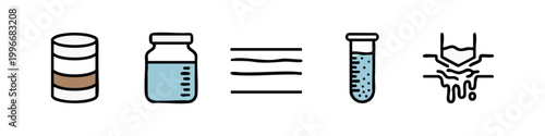 Colored hand-drawn icons: stacked layers, liquid bottle, abstract layers, test tube, and liquid dispensing