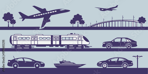 Fotografie Set of transportation silhouettes including airplane train car and boat with tra