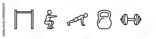 Black and white icons for fitness and exercise: pull-up bar, squat, plank, kettlebell, and dumbbell