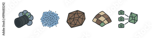 Five colored hand-drawn icons related to 3D modeling and photography: camera, dots, polyhedron, grid, and 3D model assembly