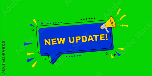 New Update announcement in a blue speech bubble with a megaphone on green screen.