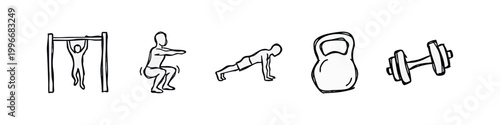 Icons representing fitness and exercise: pull-up bar, squat, plank, kettlebell, and dumbbell