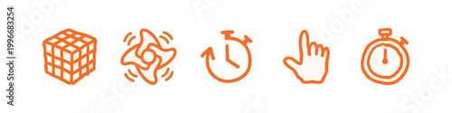 Orange hand-drawn icons related to problem-solving and time: cube, spinner, stopwatch, finger, and timer