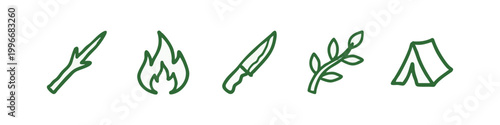 Green hand-drawn icons for outdoor survival: stick, fire, knife, leaves, and tent