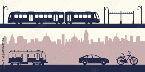 Konstfotografi Urban transportation silhouette concept with subway train car and cityscape skyl