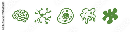 Green hand-drawn icons related to biology and cells: brain, neuron, cell, slime mold, and amoeba