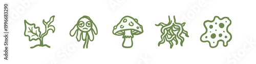 Green hand-drawn icons related to nature and fungi: plant, creature, mushroom, roots, and blob