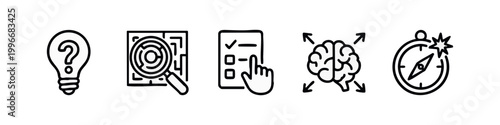 Creative Idea Icons: Lightbulb, Maze, Checklist, Brain, Compass (Color)