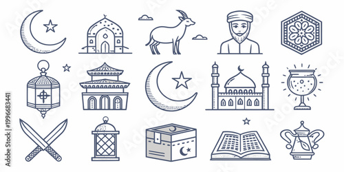 Islamic holiday icons featuring moon star mosque lantern man goat kaaba book goblet teapot middle eastern religious celebration collection crescent sacrifice traditional