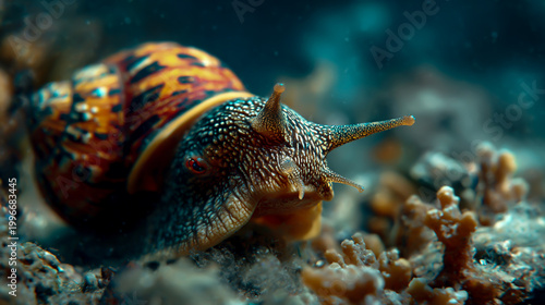 Orange striped sea snail on vibrant coral reef