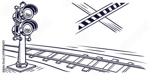 Obraz na plátně Black and white line drawing of a railway level crossing signal and gate barrier