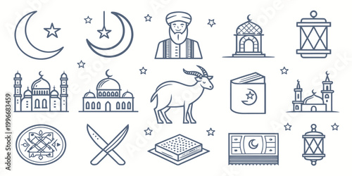 Islamic holiday icons set including moon star mosque lantern man goat knife book money pattern with middle eastern saudi arabia religious celebration collection crescent
