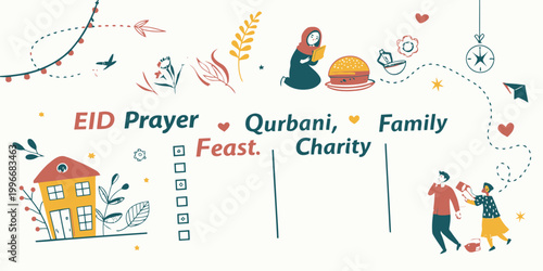 Eid checklist with prayer qurbani family feast charity elements illustrated checklist celebration illustration sacrifice religious tradition planning organization