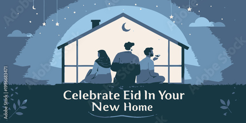 Family celebrating eid holiday indoors in their new home with night sky view living room celebration together gathering domestic interior illustration togetherness