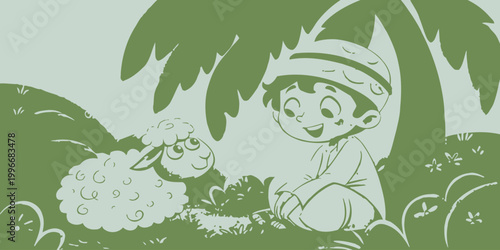 Cute cartoon boy in traditional clothes sitting under a tree with a fluffy sheep innocent illustration friendship outdoors innocence character peaceful childhood