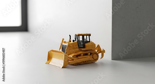 Yellow Construction Bulldozer Scale Model on Minimalist White Background